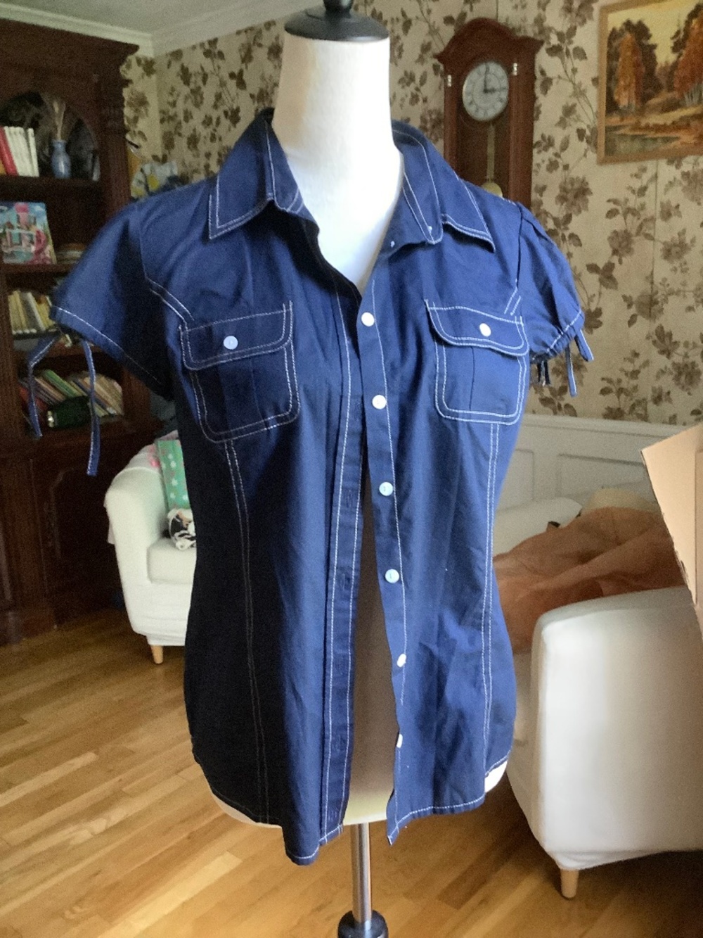 Tommy Hilfiger Button Down Shirt Sleeve Cotton Shirt Navy Blue Size M